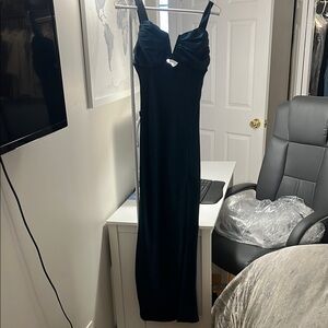 Hello Molly Teal Silk Gown with Sweetheart Neckline and Slit